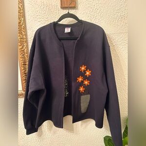 Adorable vintage embroidered sweatshirt-material cardigan with balloon sleeves